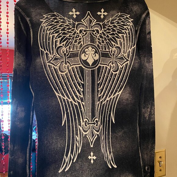 Affliction Live Fast Rhinestone Thermal Shirt Small - Picture 5 of 5